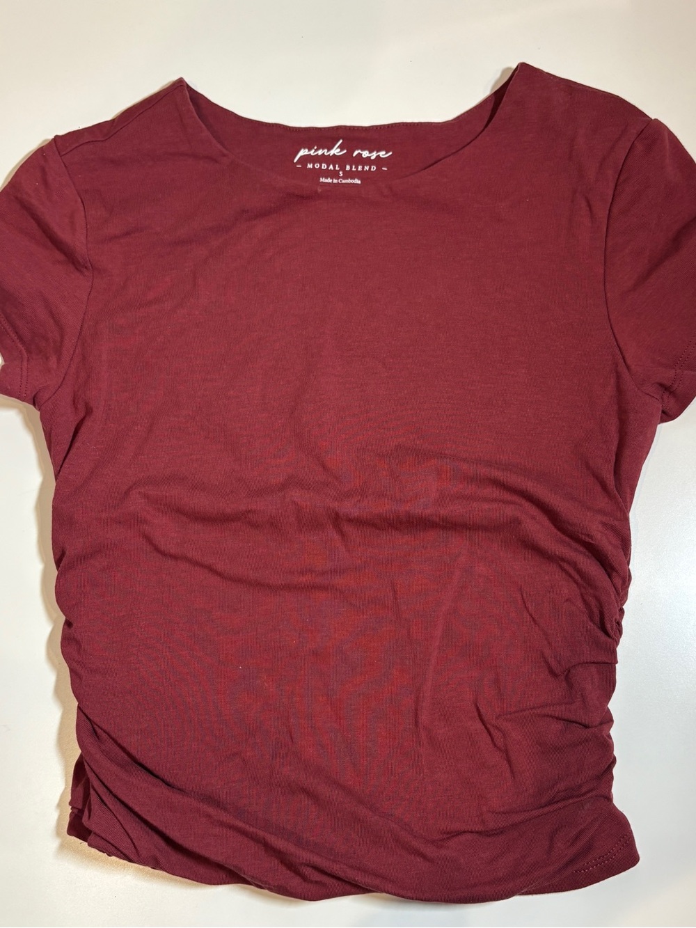 pink rose Women's Short Sleeve Crew Neck Top - Burgundy